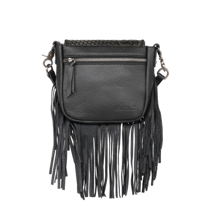 Montana West Genuine Leather Tooled Collection Fringe Crossbody Black