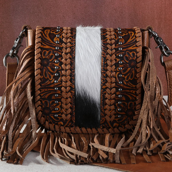 Montana West Genuine Leather Tooled Collection Fringe Crossbody Light Brown