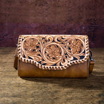 Montana West 100% Genuine Leather Hand Tooled Clutch/Crossbody Brown