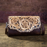 Montana West 100% Genuine Leather Hand Tooled Clutch/Crossbody Coffee