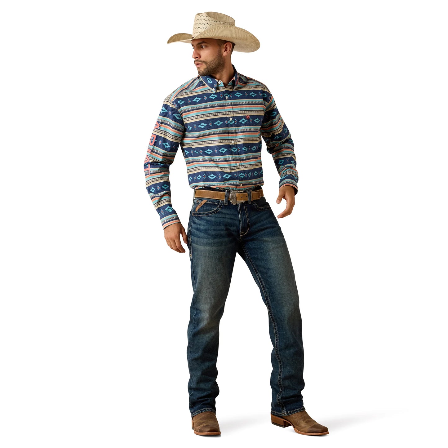 Ariat Men's Team Jet Classic Fit Long Sleeve Shirt Nav / Orange