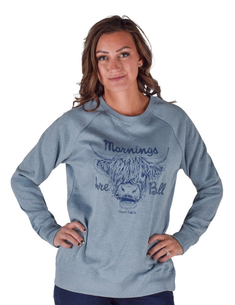 Cowgirl Tuff Mornings Are Bull Navy Print Ladies Fit Crew Neck (Light Blue)