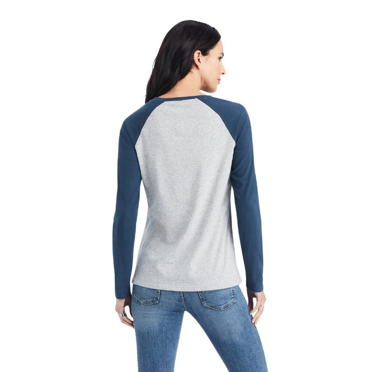 Ariat Real Womens Baseball L/S Shirt Heather Grey/Midnight Blue