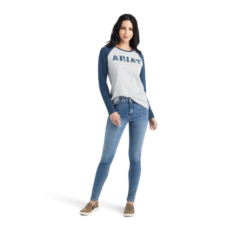 Ariat Real Womens Baseball L/S Shirt Heather Grey/Midnight Blue