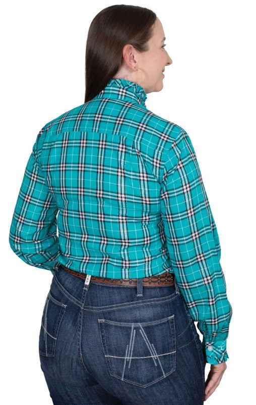 Just Country Ladies Abbey Frills Full Button Print Peacock Green Plaid