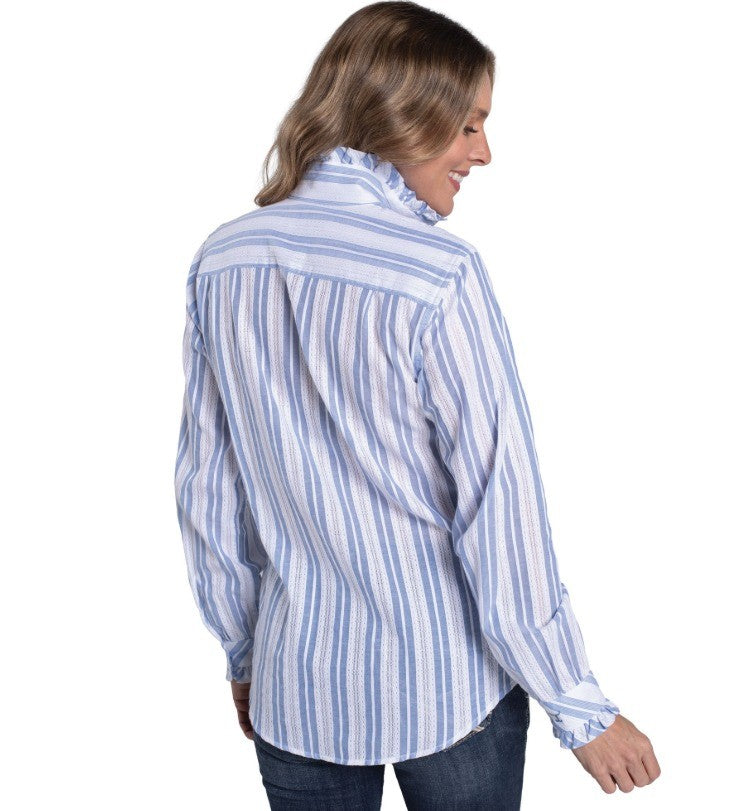 Just Country Women's Abbey Frills Full Button Print Work Shirt White & Denim Stripe Lace