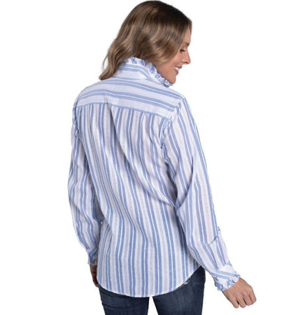 Just Country Women's Abbey Frills Full Button Print Work Shirt White & Denim Stripe Lace