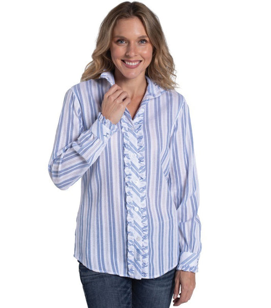 Just Country Women's Abbey Frills Full Button Print Work Shirt White & Denim Stripe Lace