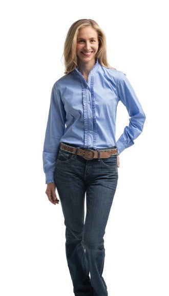 Just Country Women's Frills Full Button Print Work Shirt Cornflower Blue Pinstripe