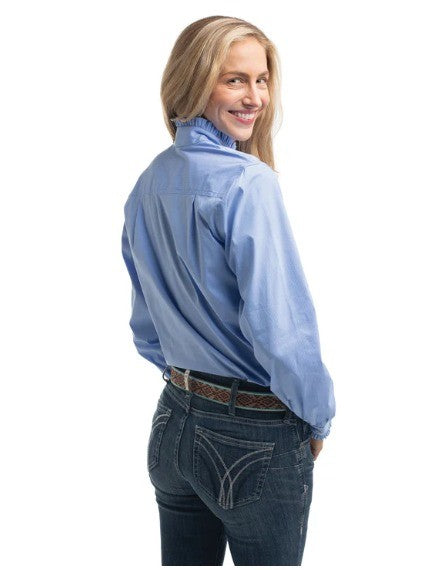 Just Country Women's Frills Full Button Print Work Shirt Cornflower Blue Pinstripe