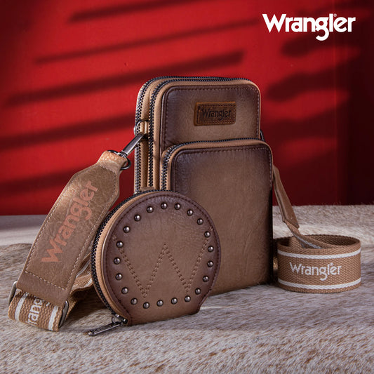 Wrangler Crossbody Cell Phone Purse 3 Zippered Compartment with Coin Pouch - Khaki