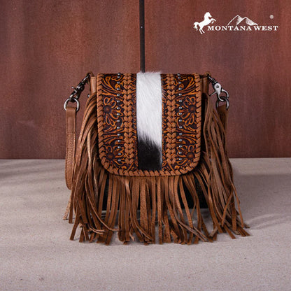 Montana West Genuine Leather Hair-On Collection Fringe Crossbody Light Brown