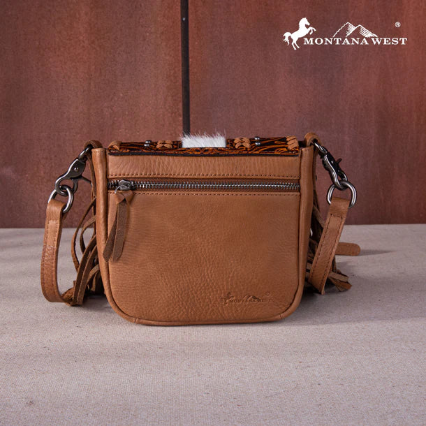 Montana West Genuine Leather Hair-On Collection Fringe Crossbody Light Brown
