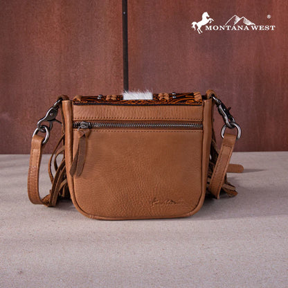 Montana West Genuine Leather Hair-On Collection Fringe Crossbody Light Brown