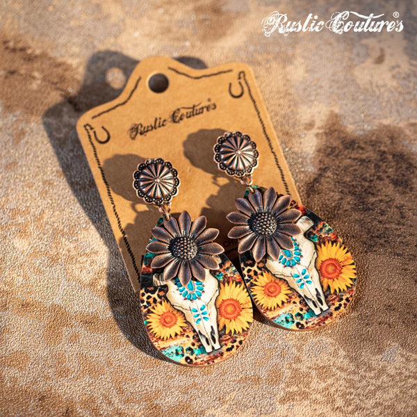 Rustic Couture's Metal Sunflower Wood Painted Bull Skull Sunflower Dangling Earring - Bronze