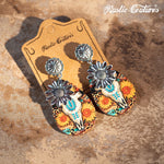 Rustic Couture's Metal Sunflower Wood Painted Bull Skull Sunflower Dangling Earring - Silver