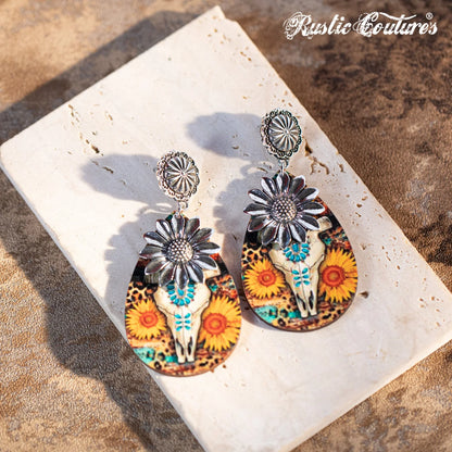 Rustic Couture's Metal Sunflower Wood Painted Bull Skull Sunflower Dangling Earring - Silver