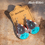 Rustic Couture's Metal Tear Drop Daisy Embossed Wood Painted Pattern Dangling Earring - Turqoise