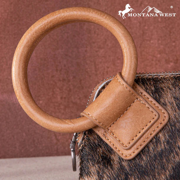 Trinity Ranch Genuine Hair-On Cowhide Ring Handle Wristlet Clutch Bag - Light Brown / Tan