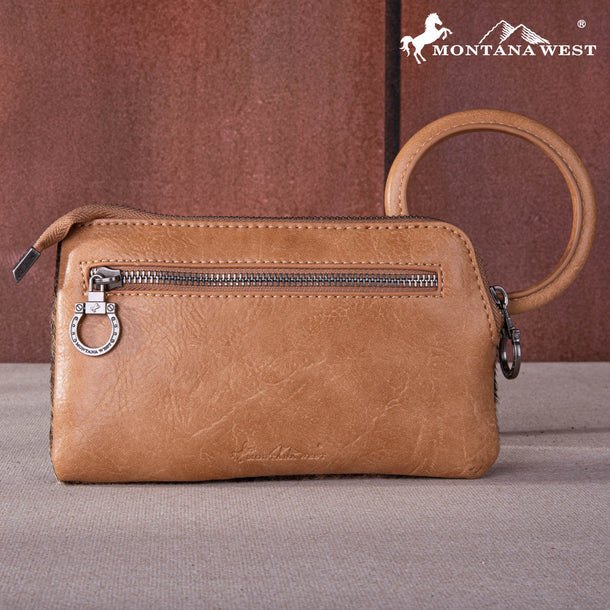 Trinity Ranch Genuine Hair-On Cowhide Ring Handle Wristlet Clutch Bag - Light Brown / Tan
