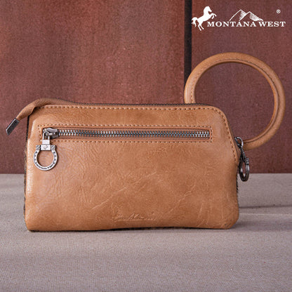 Trinity Ranch Genuine Hair-On Cowhide Ring Handle Wristlet Clutch Bag - Light Brown / Tan