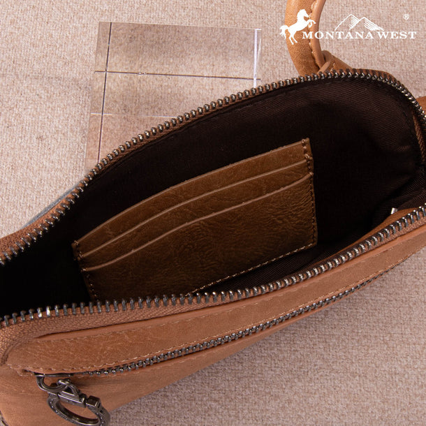 Trinity Ranch Genuine Hair-On Cowhide Ring Handle Wristlet Clutch Bag - Light Brown / Tan