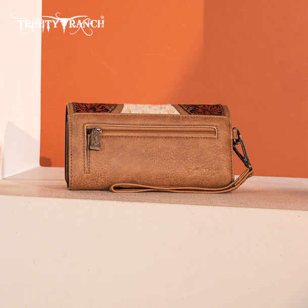 Trinity Ranch Floral Tooled and Hair-On Cowhide Collection Wallet - Tan