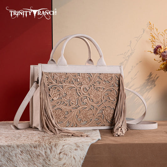Trinity Ranch Floral Tooled Fringe Concealed Carry Tote/Crossbody - Khaki