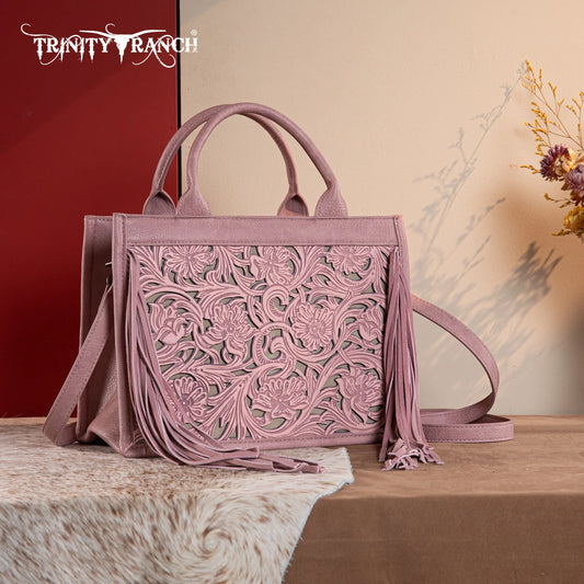 Trinity Ranch Floral Tooled Fringe Concealed Carry Tote/Crossbody - Pink