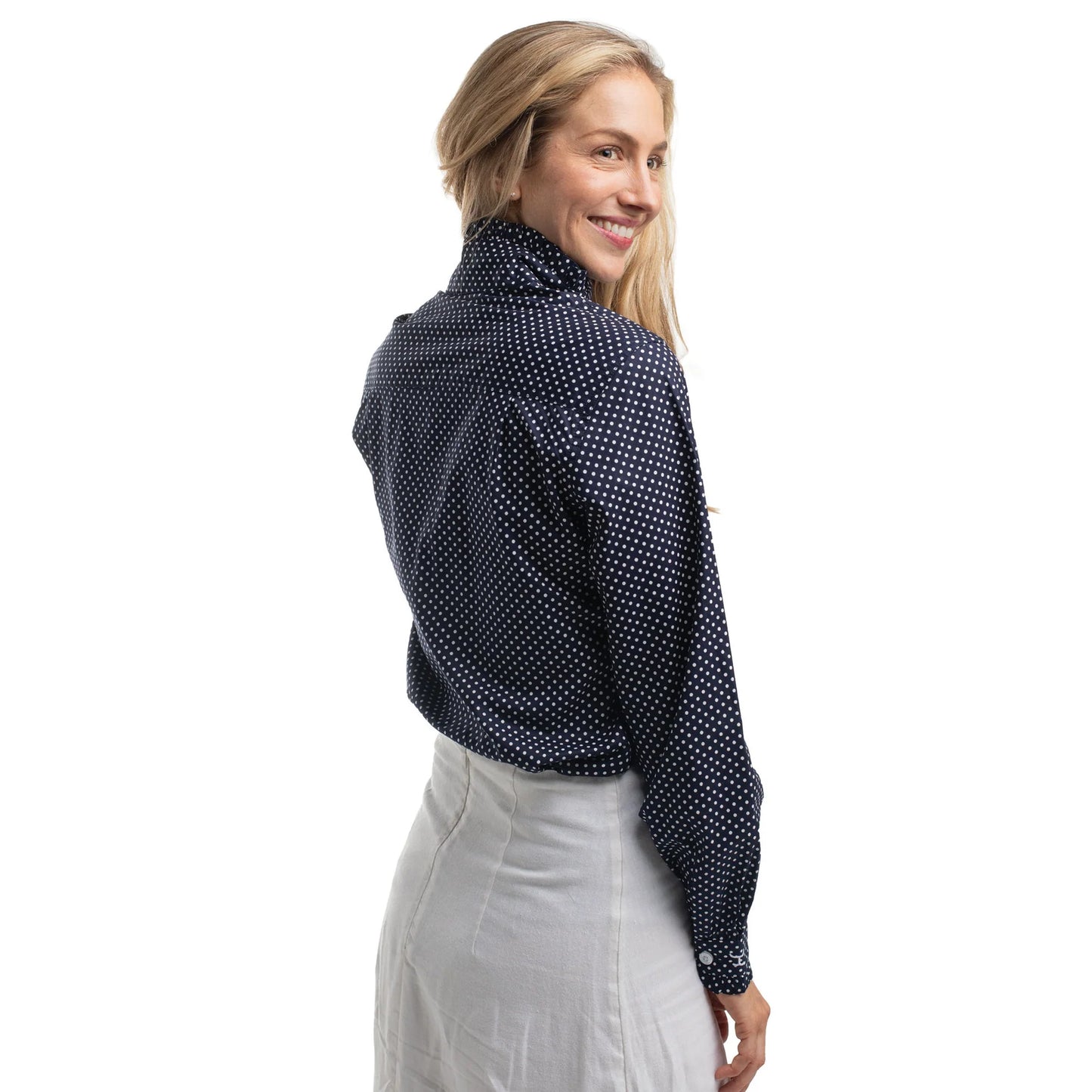 Just Country Women's Abbey Frills Full Button Print - Navy / White mini spots