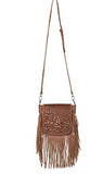 Montana West Genuine Leather Tooled Collection Fringe Crossbody