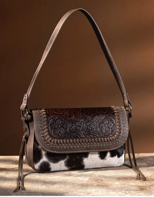 Trinity Ranch Hair-On Cowhide Vintage Floral Tooled Shoulder Bag - Coffee