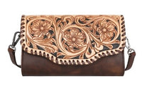 Montana West 100% Genuine Leather Hand Tooled Clutch/Crossbody Coffee