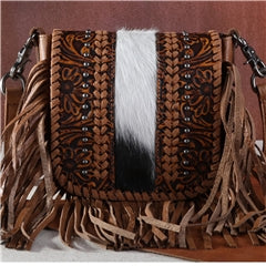 Montana West Genuine Leather Hair-On Collection Fringe Crossbody Light Brown