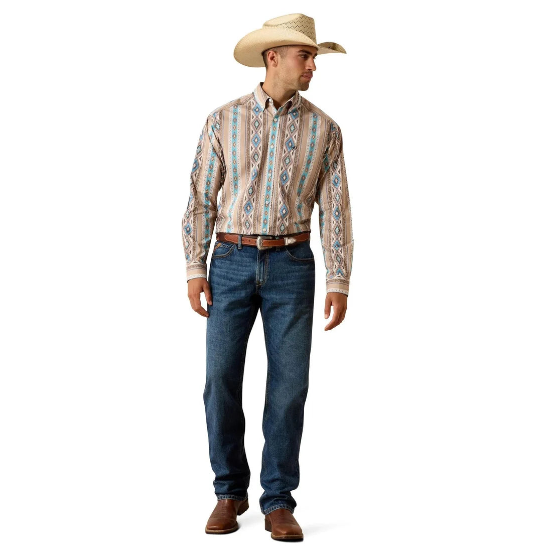 Ariat Men's Team Westlee Classic Fit Long Sleeve Shirt Khaki / Turquoise