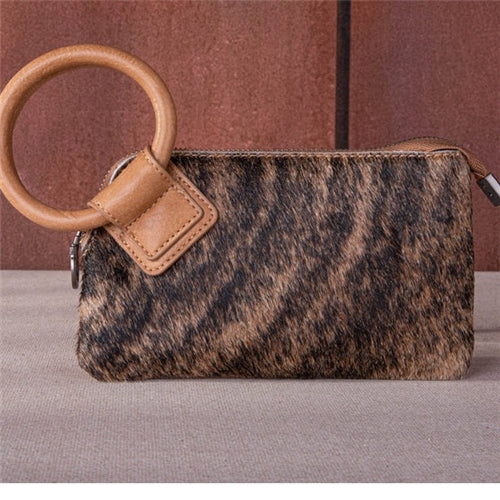 Trinity Ranch Genuine Hair-On Cowhide Ring Handle Wristlet Clutch Bag - Light Brown / Tan