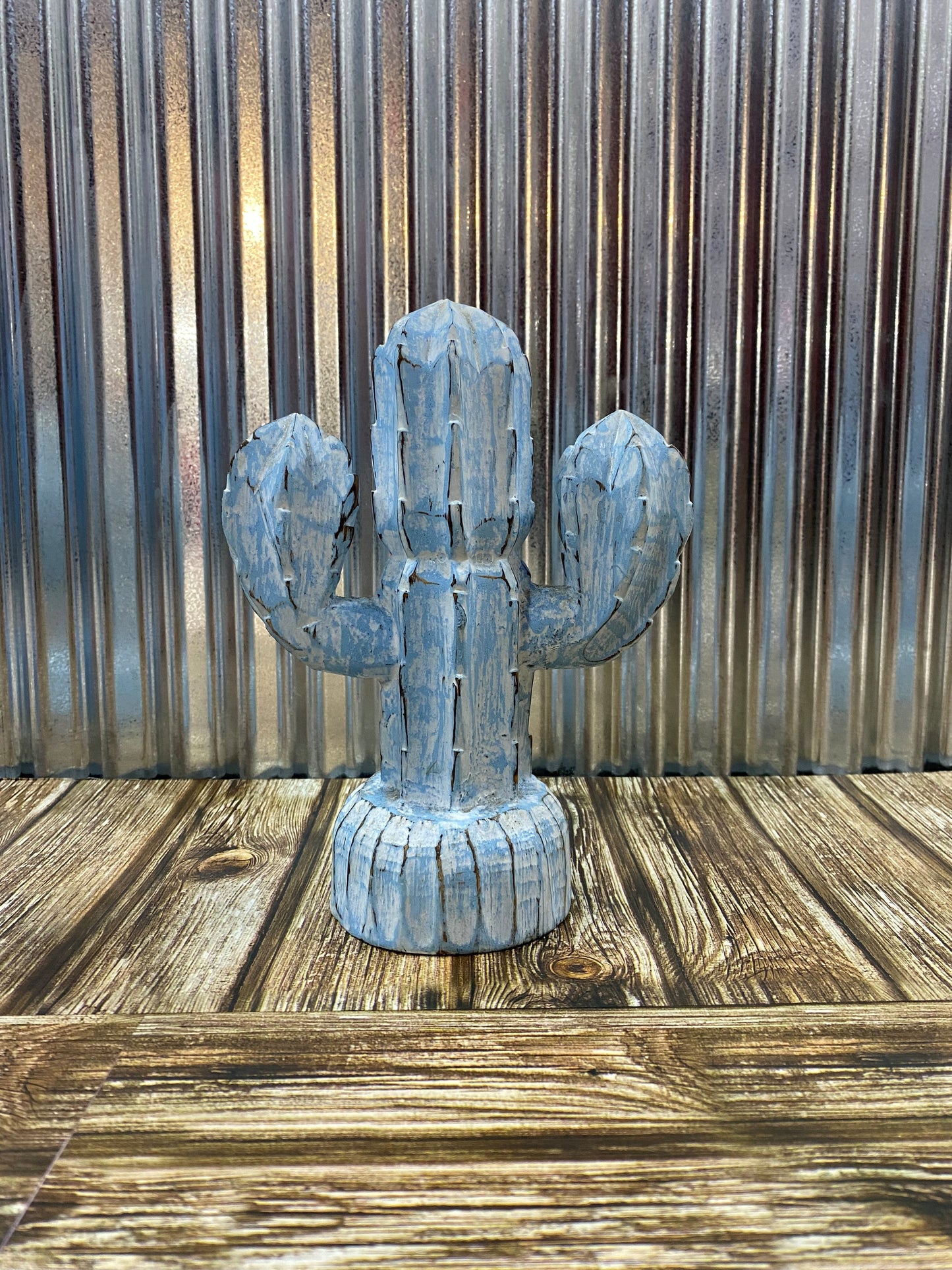 Hand Carved Timber Cactus - Blue