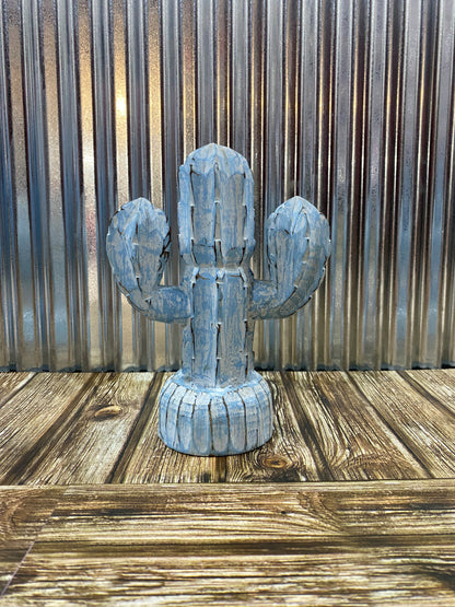 Hand Carved Timber Cactus - Blue