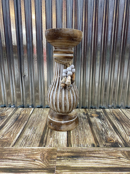 Hand Carved Timber Candles with shells - Brown/White
