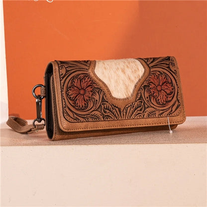 Trinity Ranch Floral Tooled and Hair-On Cowhide Collection Wallet - Tan