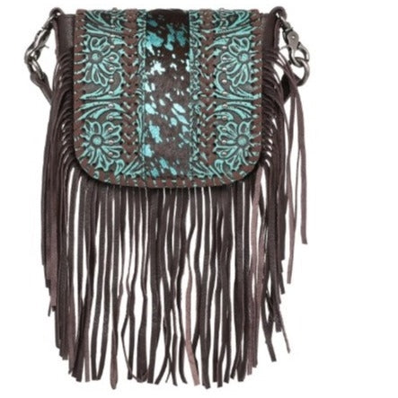 Montana West Genuine Leather Tooled Collection Fringe Crossbody Coffee