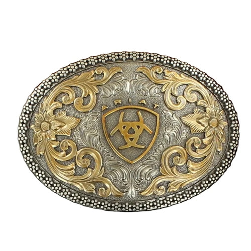 Ariat Oval Berry Edge Floral Filigree Buckle Logo Aged Silver & Aged Gold Buckle