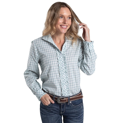 Just Country Women's Abbey Frills Full Button Print Shirt - Bay Green & White Check