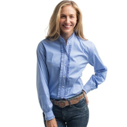 Just Country Women's Frills Full Button Print Work Shirt Cornflower Blue Pinstripe