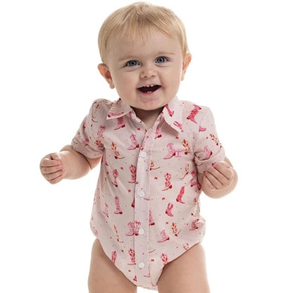 Just Country Frankie Short Sleeve Full Button Jumpsuit Baby Pink Boots