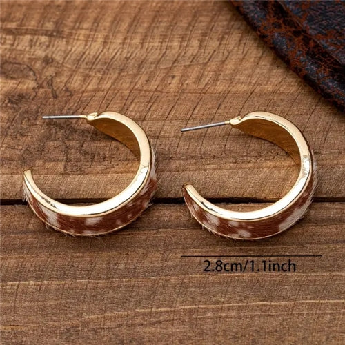 Vintage Western Cowboy Style Leopard & Cow Print C-Shaped Hoop Earrings - Brown