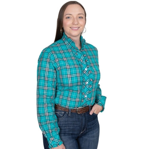Just Country Ladies Abbey Frills Full Button Print Peacock Green Plaid