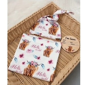3pcs Highland Cow Baby Blanket & Hat Set - Pink
