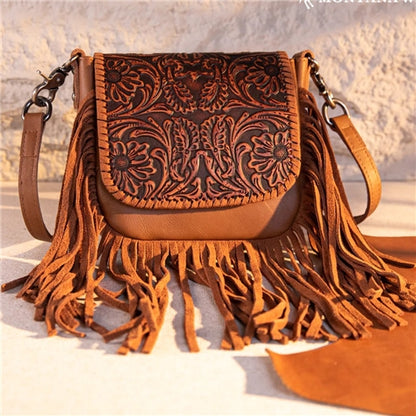 Montana West Genuine Leather Tooled Fringe Crossbody - Brown