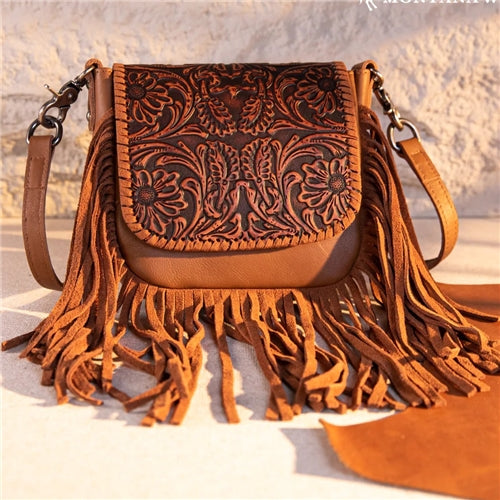 Montana West Genuine Leather Tooled Fringe Crossbody - Brown